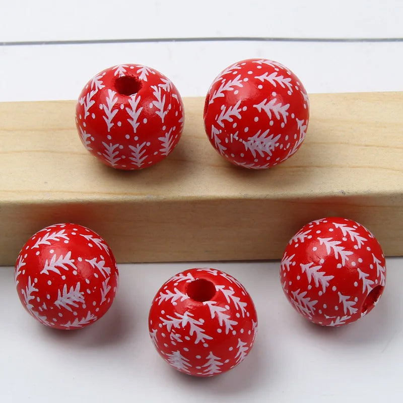 Round Balls Red Green Wooden Beads 15mm Cartoon Tree Letter Pattern Halloween Christmas Beads For Jewelry Making DIY Accessories