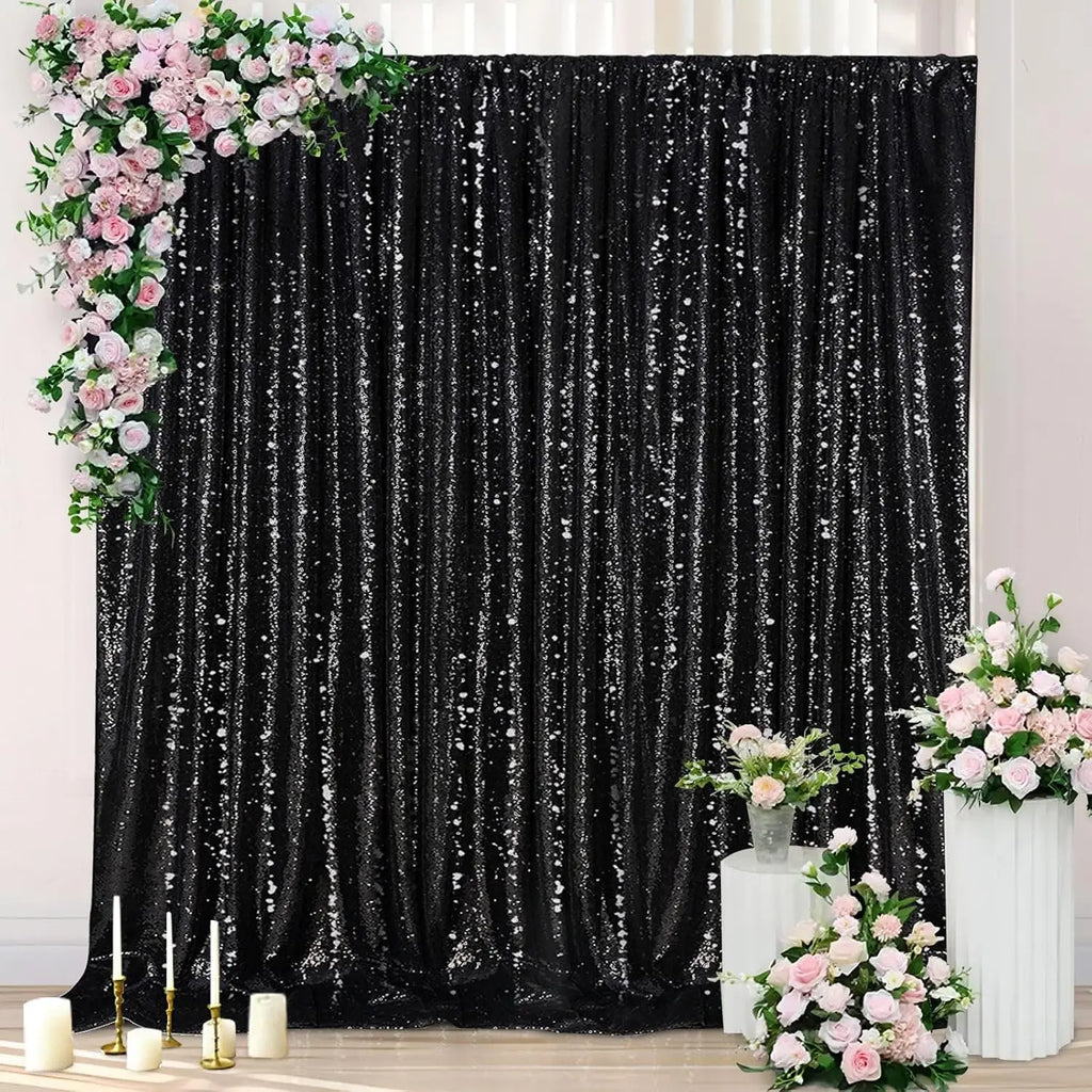 Black Sequin Backdrop Curtains 3Pcs-7ftx7ft Sparkly Background Drapes Photography for Halloween Party Birthday Wedding Decor