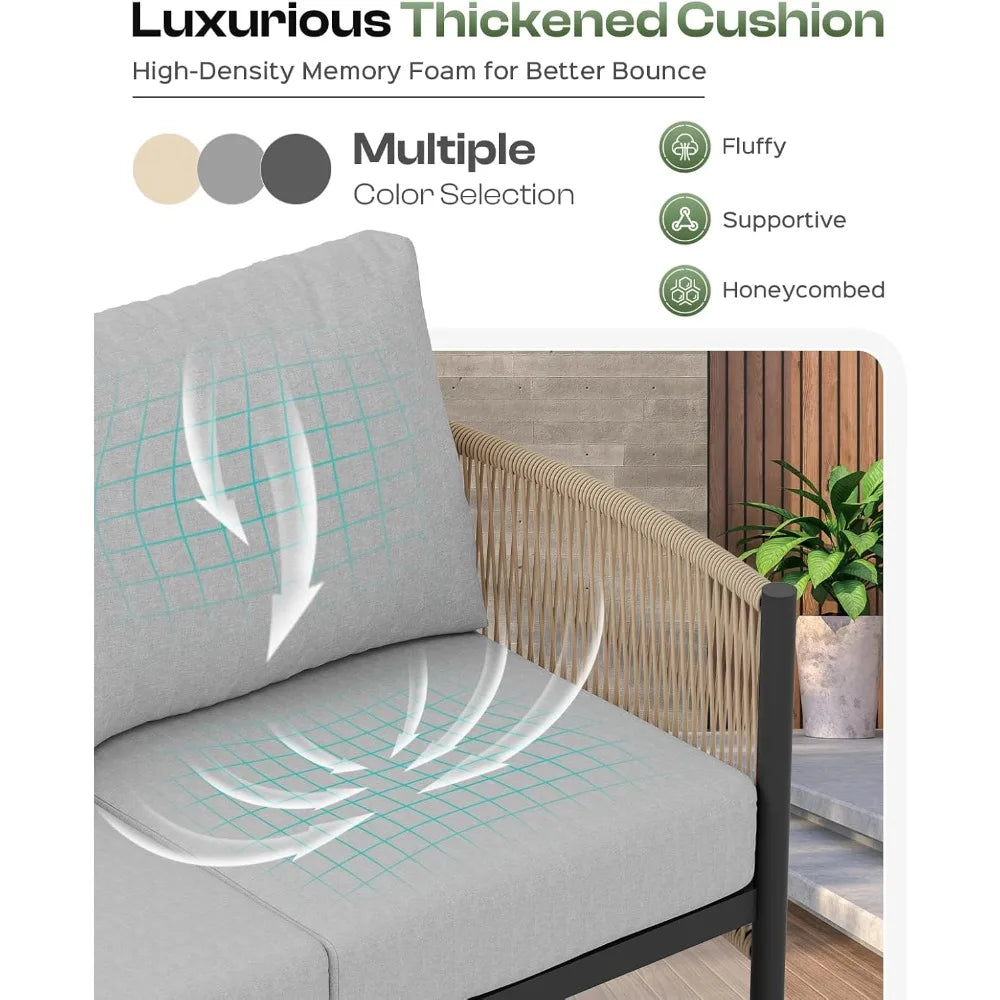 Aluminum Outdoor Patio Furniture Set, HDPE Rope 4 Piece Modern Sectional Conversation Sets with Dual-Layer Coffee Table