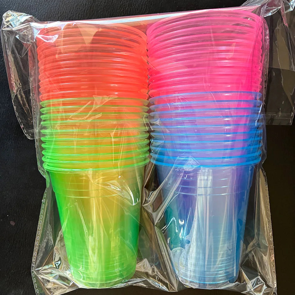 40pcs 12oz Neon Party Cups Disposable Glow Cups Under UV Black Light Neon Birthday Decorations Glow in the Dark Party Supplies