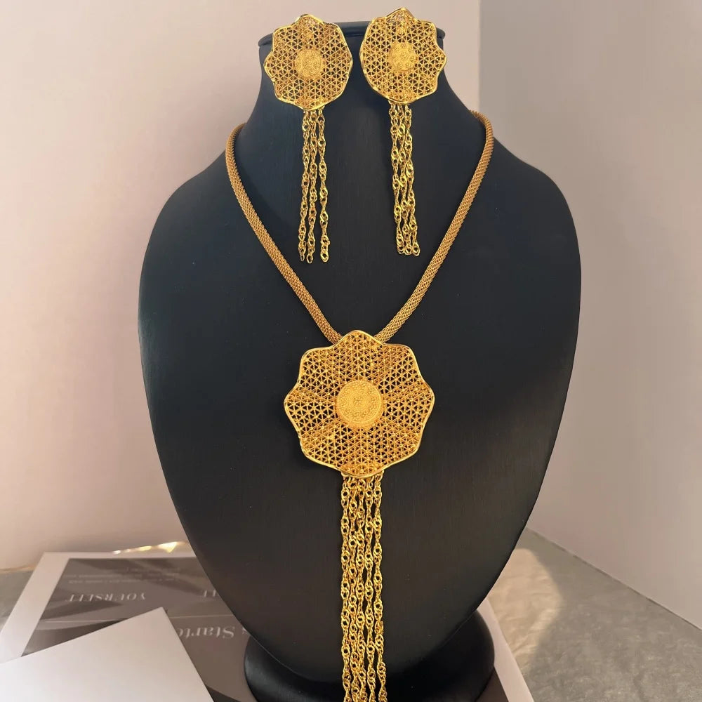 LByzHan Nigerian Jewelery Set Wedding Jewelry For Women Dubai 24K Gold Color Jewlery African Designer Earrings Bridal Necklace