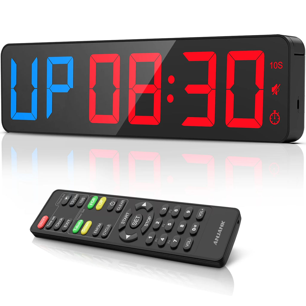 ANJANK Gym Timer 15" Large LED Display Wall Clock,Interval Workout,Count Down & Up,Stopwatch, Adjustable Volume,Upgraded Remote