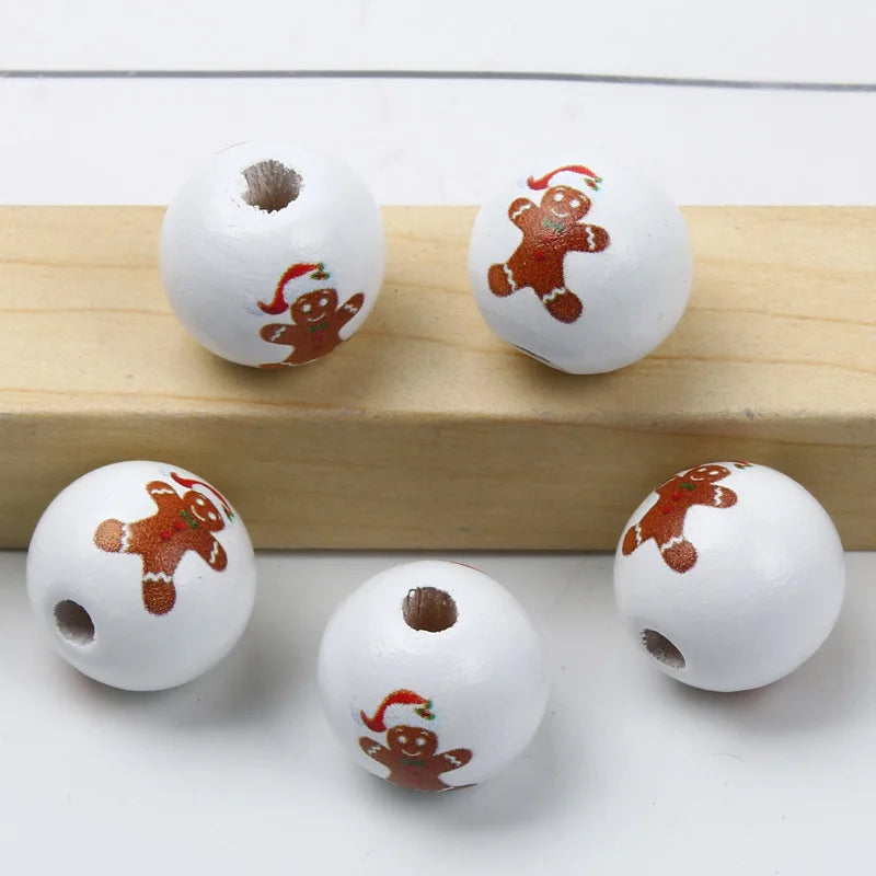 Round Balls Red Green Wooden Beads 15mm Cartoon Tree Letter Pattern Halloween Christmas Beads For Jewelry Making DIY Accessories
