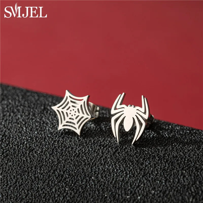 Punk Black Spider Stainless Steel Stud Earrings for Women Men Personality Spider Web Earings Halloween Piercing Jewelry 2024