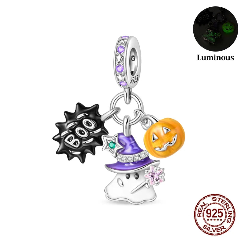 2025 Hot Sale Halloween Charms Bead 925 Sterling Silver Luminous Pumpkin Ghost Dangle Fit Bangle Bracelet Necklace DIY Jewelry
