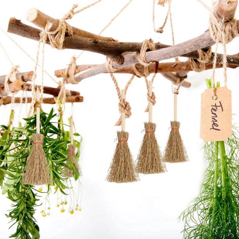 10PCS Mini Broom Witch Straw Brooms DIY Hanging Ornaments for Halloween Party Decoration Costume Props Dollhouse Accessories