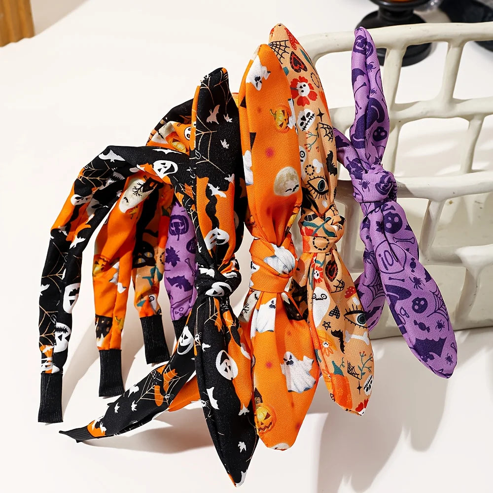 1/4 pcs Halloween Bunny Ear Headband for Girls, Quirky Pumpkin Ghost Bat Pattern Multicolor Hair Accessory