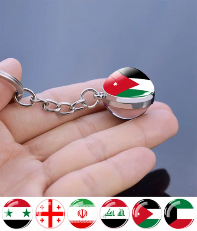 Flag Keychain Syria Iran and Jordan Kuwait Georgia Iraq Flag Keychain Flag Pendant Double Sided Glass Ball Jewelry Keyring