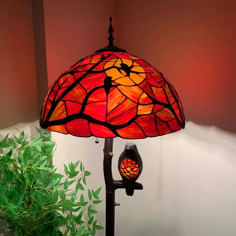 L10936 Ravens Sitting On Bare Tree Branch Against Full Moon Style Stained Glass Floor Lamp With Raven Night Light