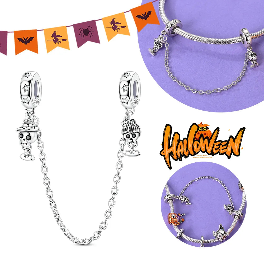 Halloween Dangle 925 Sterling Silver Skeleton Witch Devil's Eye Skull Charms Bead Fit Original Bangle Bracelet Necklace Jewelry