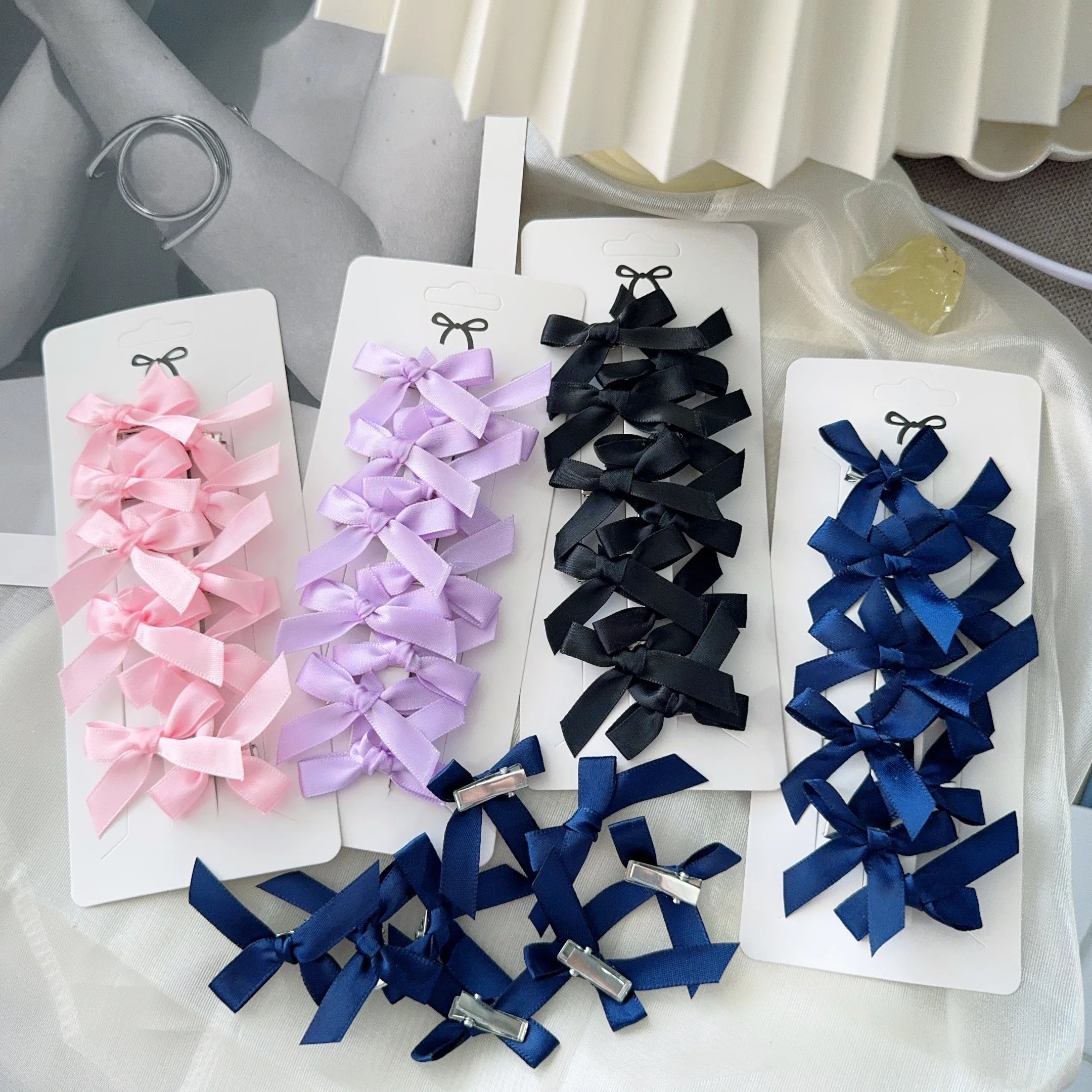 4/6/8/10Pcs Kids Sweet Solid Color Mini Bowknot With Hair Clip Baby Girls Ballet Style Ribbon Braided Hair Accessories Wholesale