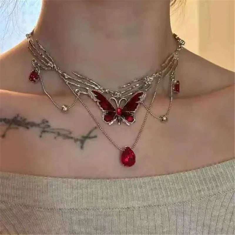 Gothic Y2K Red Butterfly Star Heart Cross Pendant Ghost Claw Choker Charms Necklaces Women Aesthetic Accessories Grunge Jewelry