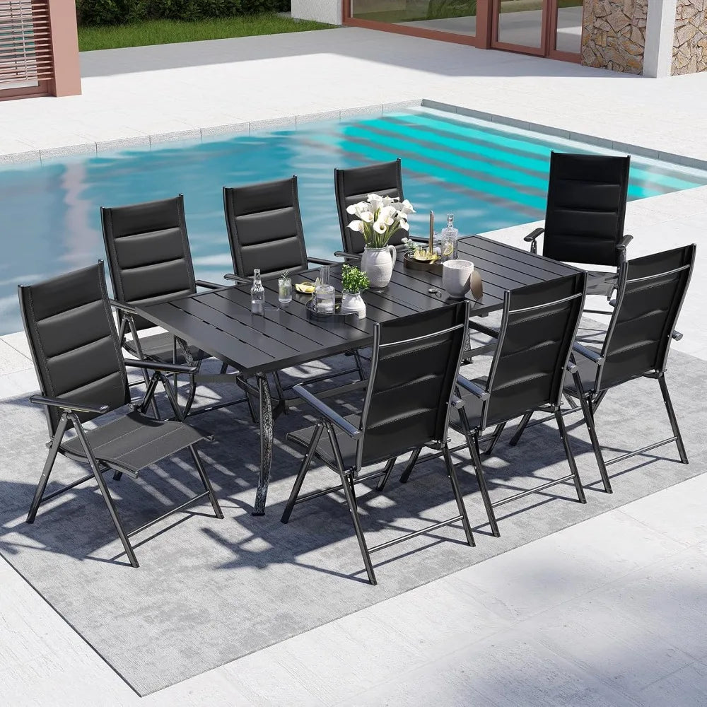 Outdoor Dining Set - 8 Padded Aluminium Folding Chairs & Adjustable Steel Table, Low-Maintenance Garden Furniture for Backyard