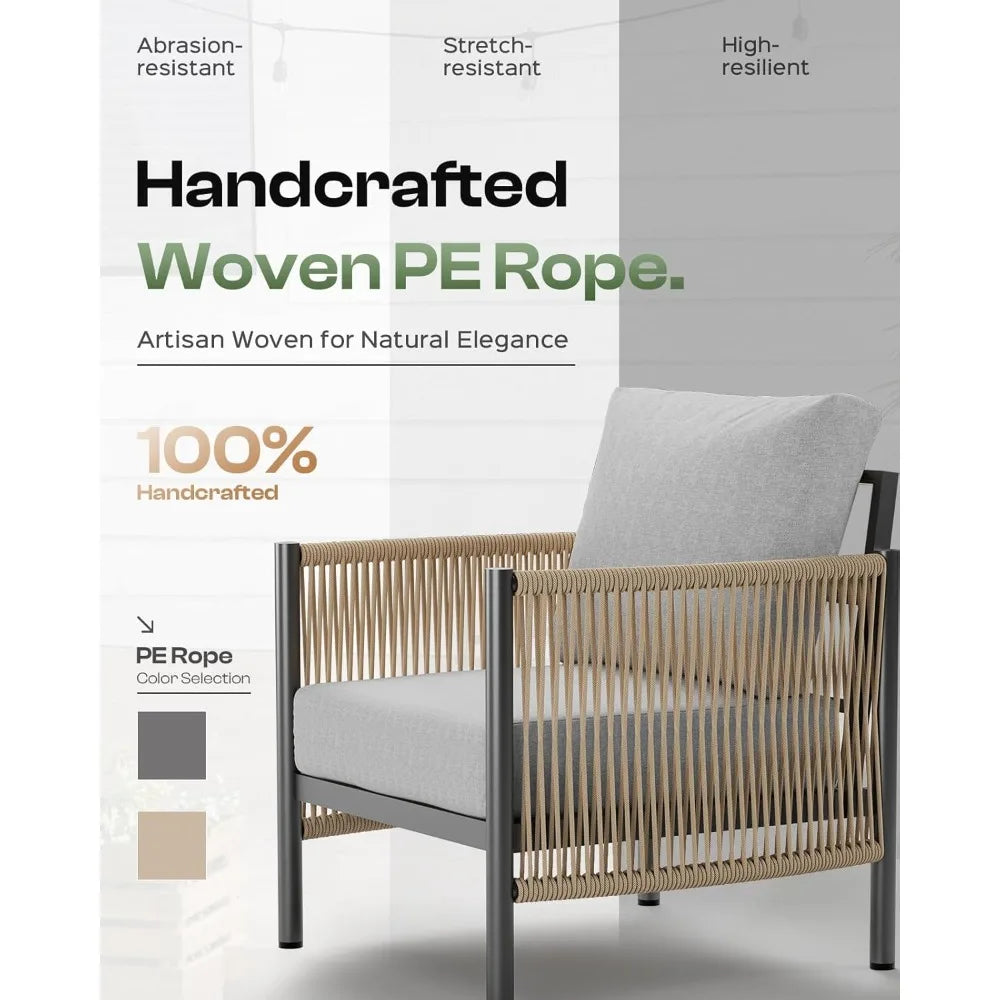 Aluminum Outdoor Patio Furniture Set, HDPE Rope 4 Piece Modern Sectional Conversation Sets with Dual-Layer Coffee Table