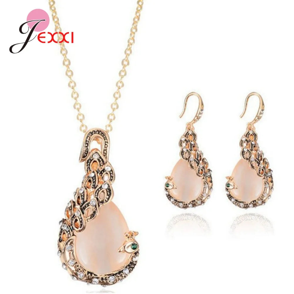New Retro Peacock Design Jewlery Sets 925 Sterling Silver Fashion & Luxury Peacocks Necklace Earrings For Women Wedding