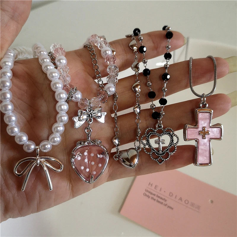 Gothic Vintage Pink Cross Strawberry BowTassel Pendant Pearl Beaded Snake Chain Necklace Women Y2K 2000s EMO Jewelry Accessories