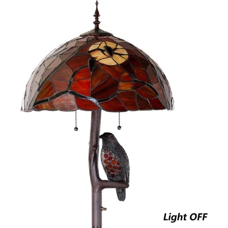 L10936 Ravens Sitting On Bare Tree Branch Against Full Moon Style Stained Glass Floor Lamp With Raven Night Light
