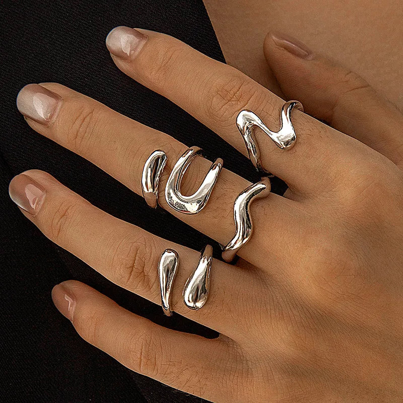Punk Geometric Metal Irregular Rings for Women Men Vintage Gold Color Curved Open Ring Set Fashion Unisex Jewelry Gift