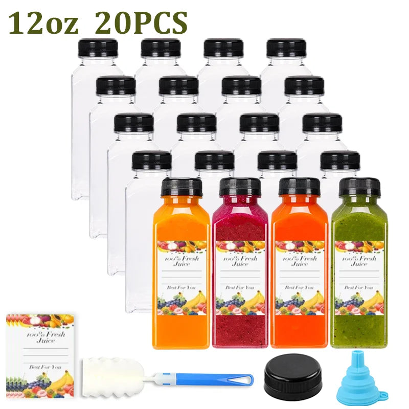 12/16oz Plastic Juice Bottles with Caps 6-50PCS Reusable Juicing Containers With Lids for Smoothie,Dringking or Other Beverages