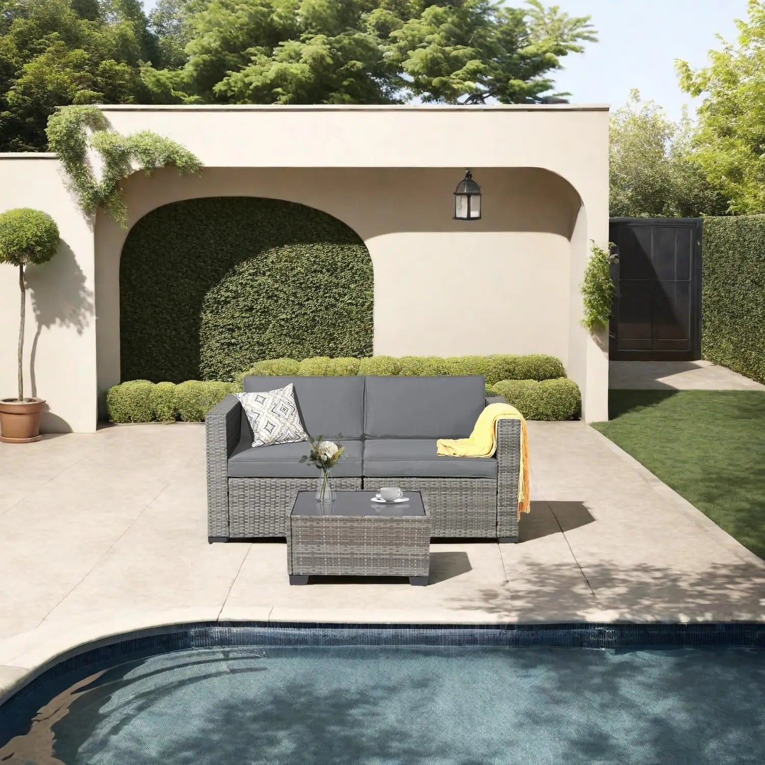 7-Piece Outdoor Rattan Sectional Sofa Set, Gray Wicker Patio Furniture Sets with Navy Blue Cushions for Balcony, Porch