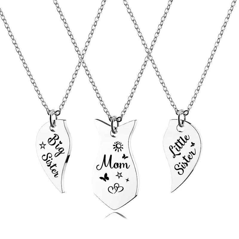 3 PCS Heart Matching Mom Daughter Son Necklace Set Stainless Steel Big Sister Little Sister Necklace Gifts For Mother