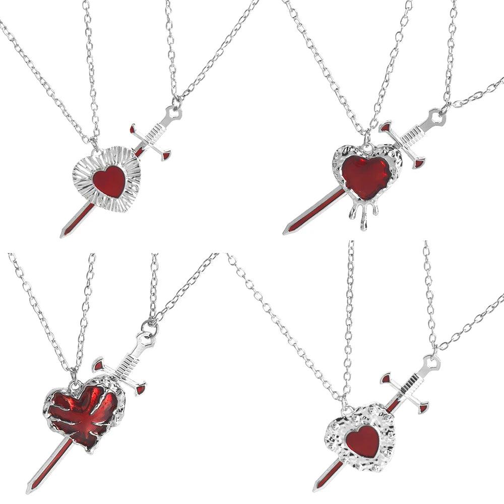 A Set Red Heart and Sword Couple Necklace Collarbone Chain Sword Necklace Fashion Accessories for Women Christmas Gift