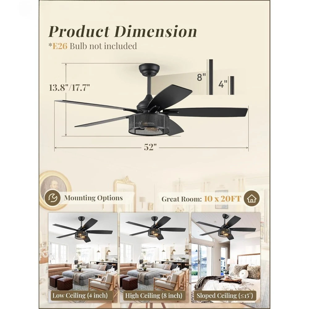 Farmhouse Ceiling Fans with Lights and Remote, 52 Inch Industrial Black Caged Ceiling Fans for Living Room Bedroom Kitchen, 6 Sp
