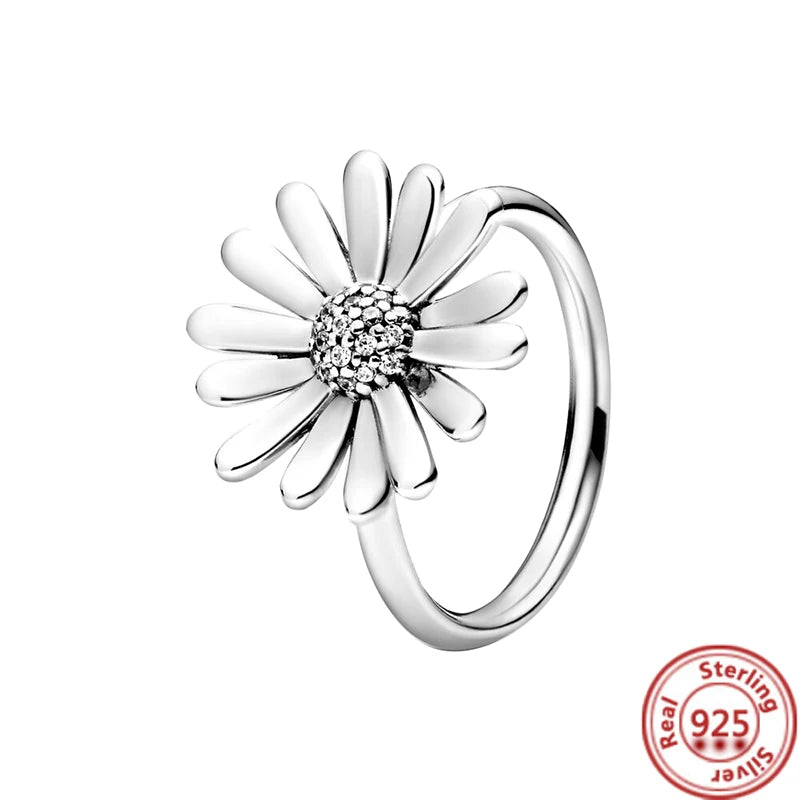 NEW 925 Sterling Silver Rings Sparkling Original Design Women Heart Daisy Flower Wishbone Ring Jewelry Engagement Female Gift