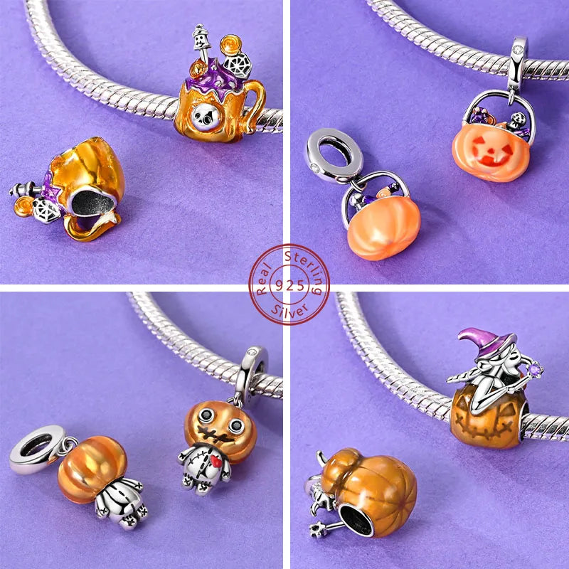 Original 925 Sterling Silver Halloween Charms Beads Pendant Pumpkin Witch Doll Skull Candy Charm Fit Bracelet DIY Jewelry Gift