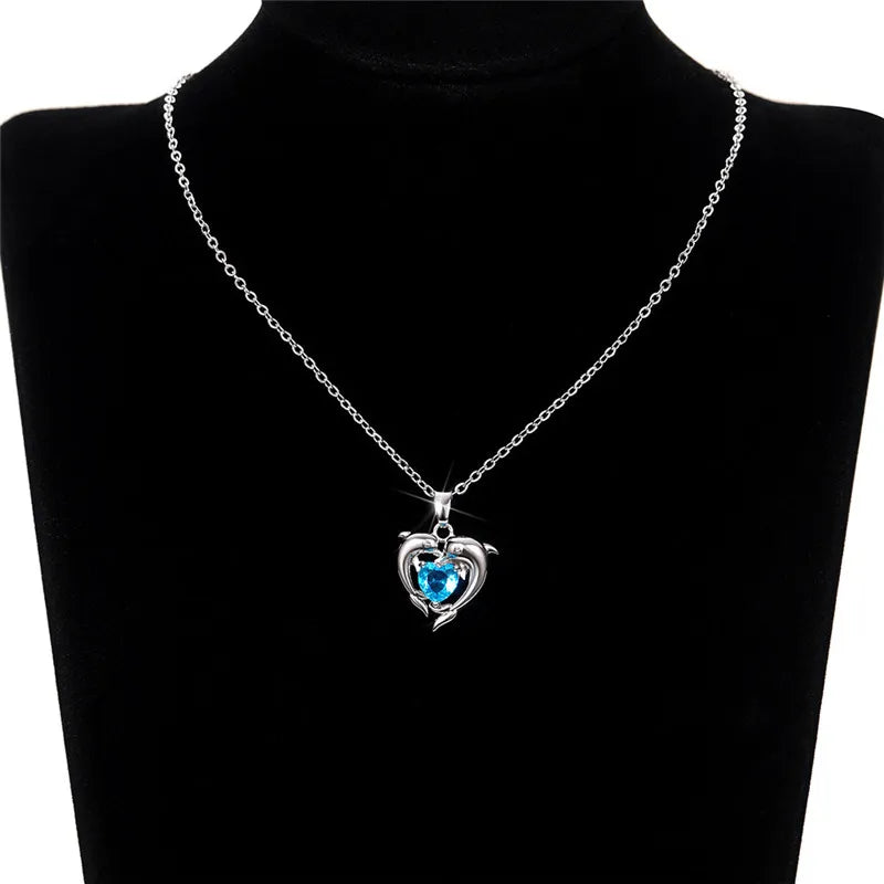 925 Sterling Silver Dolphin Blue Heart CZ Necklace Women Bride Wedding Clavicle Chain Necklaces Fancy Gift Statement Jewelry