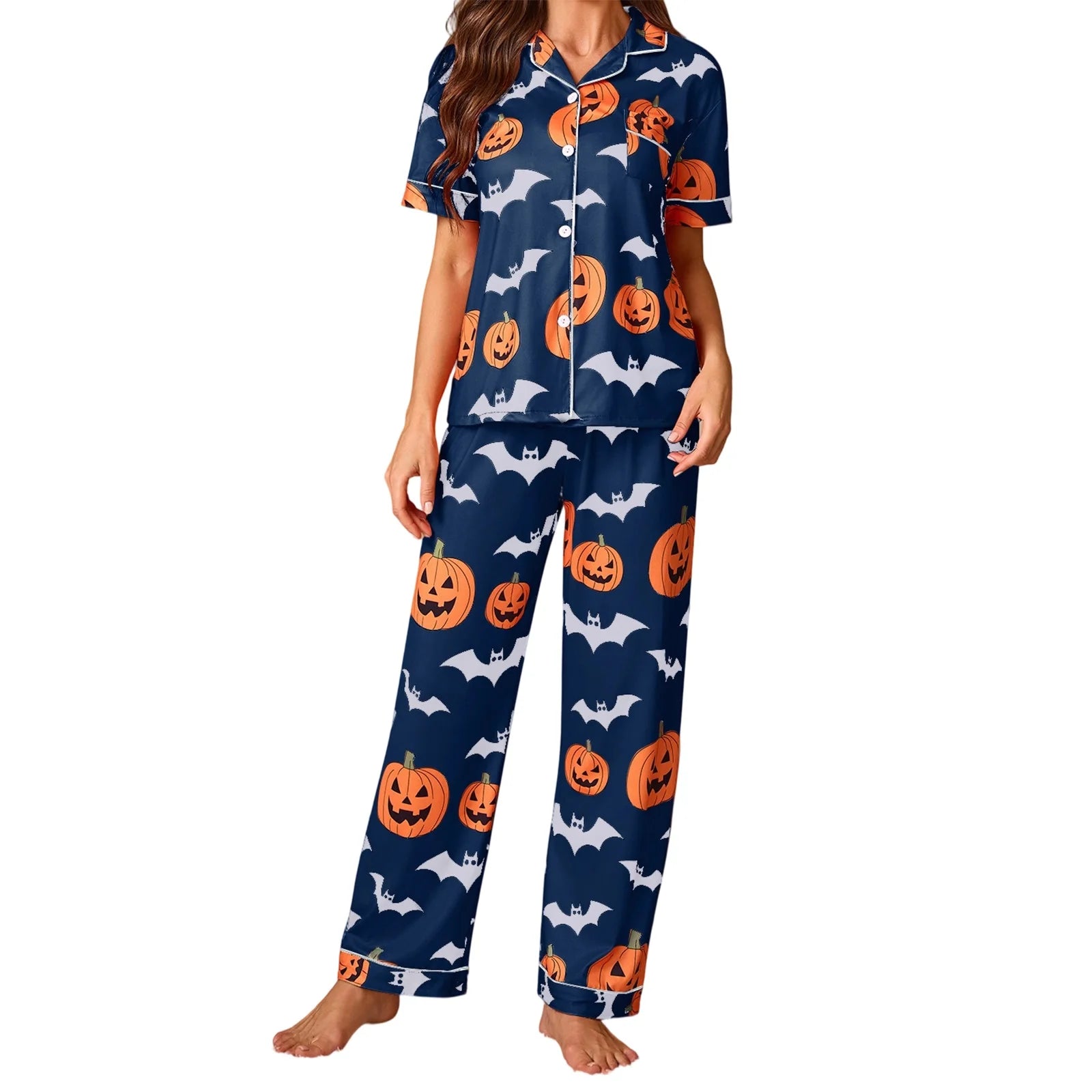 Women Halloween Pajama Set, Pumpkin Bat Print Short Sleeve Button Closure Shirt with Pants Sleepwear Loungewear