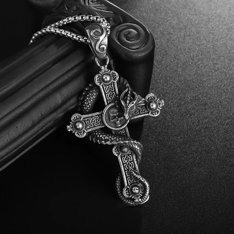 Vintage Punk Dragon Wrap Cross Pendant Necklace for Men Personality Domineering Daily Ride Wear Jewelry Gift