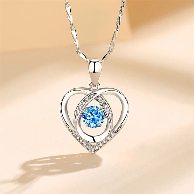 925 Sterling Silver Heart Shaped Necklace Bracelet Set for Women Vintage Korean Blue Crystal Bracelets Jewelry Set Party Jewelry