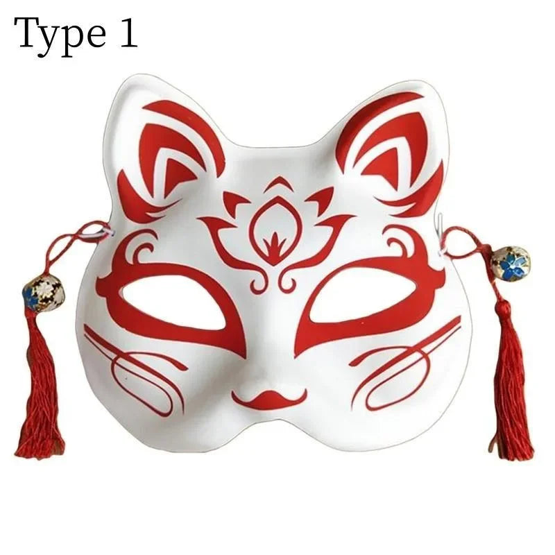 Party Show Fox Mask With Tassels And Bells Hand-painted Kitsune Half Face Halloween Cosplay Gift