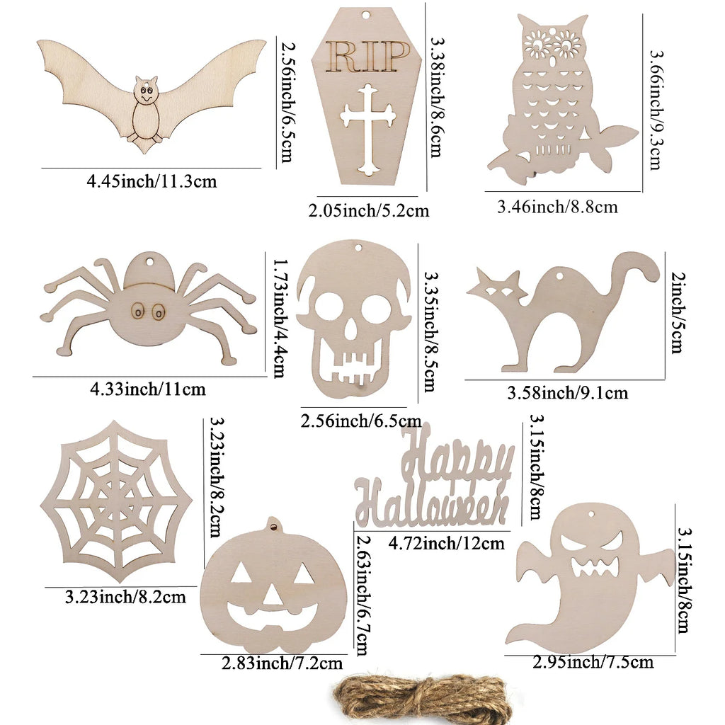 10Pcs Halloween Wooden Hanging Crafts Spider Pumpkin Ornament For Halloween Home Decorations Kids DIY Painting Gifts Supplies