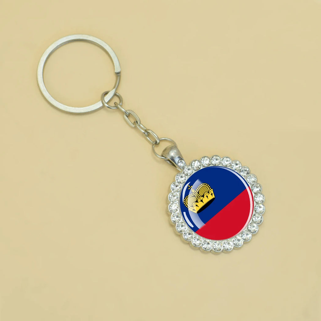 Europe National Flag Keychains Glass Dome Rhinestone Pendant Key Chains Albania Spain Ukraine Russia France Germany Flag Keyring
