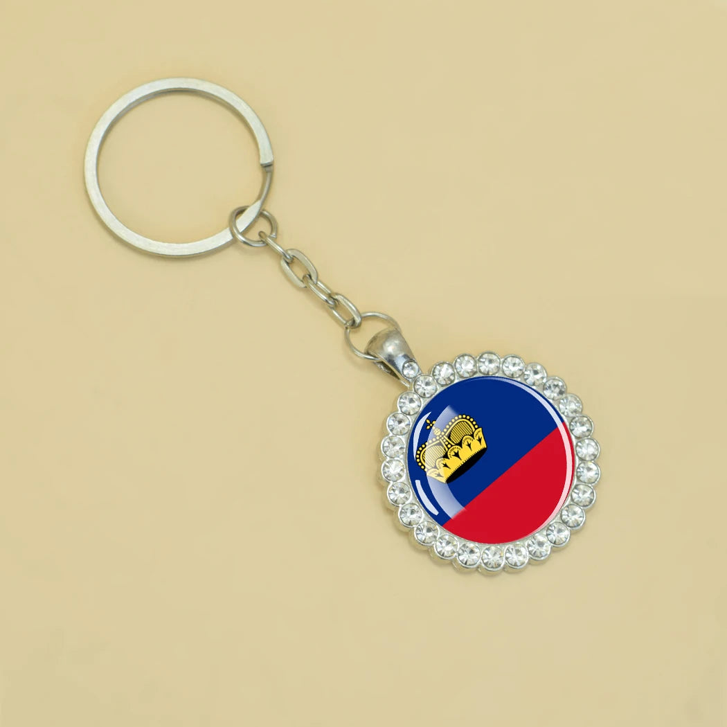 Europe National Flag Keychains Glass Dome Rhinestone Pendant Key Chains Albania Spain Ukraine Russia France Germany Flag Keyring