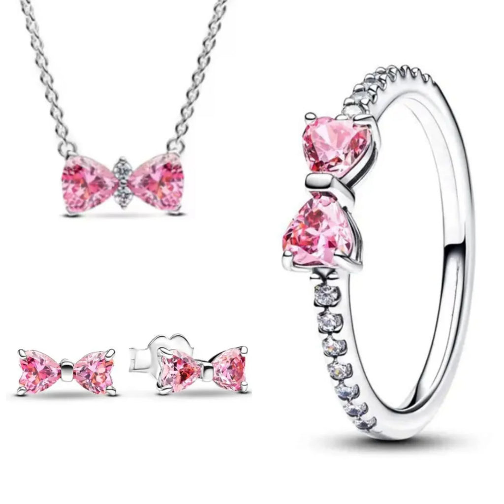 New 925 silver pink bow heart-shaped pendant ring necklace earrings crystal women's Valentine's Day birthday gift DIY jewelry