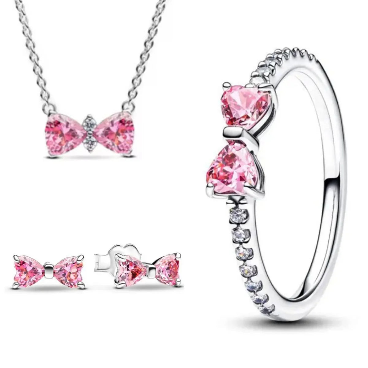 New 925 silver pink bow heart-shaped pendant ring necklace earrings crystal women's Valentine's Day birthday gift DIY jewelry
