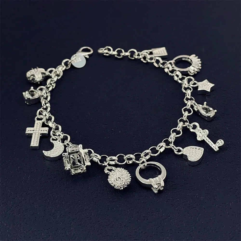 925 Sterling Silver 13 Pendant Bracelet, Ladies Couple Simple Luxury Banquet Wedding Birthday Jewelry Gift