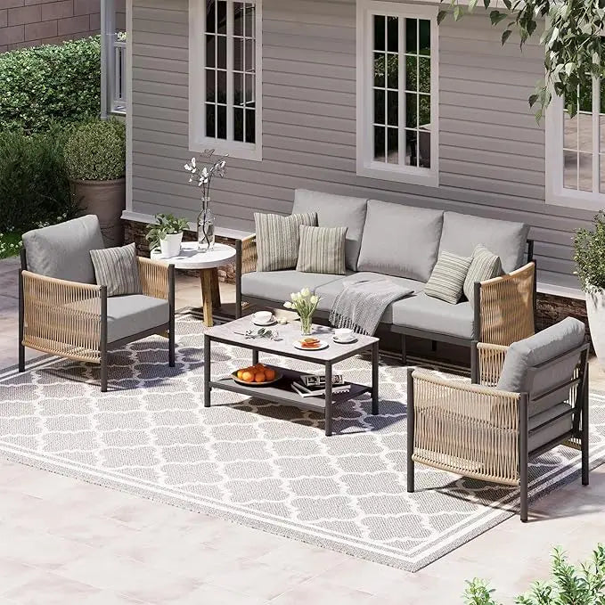 Aluminum Outdoor Patio Furniture Set, HDPE Rope 4 Piece Modern Sectional Conversation Sets with Dual-Layer Coffee Table