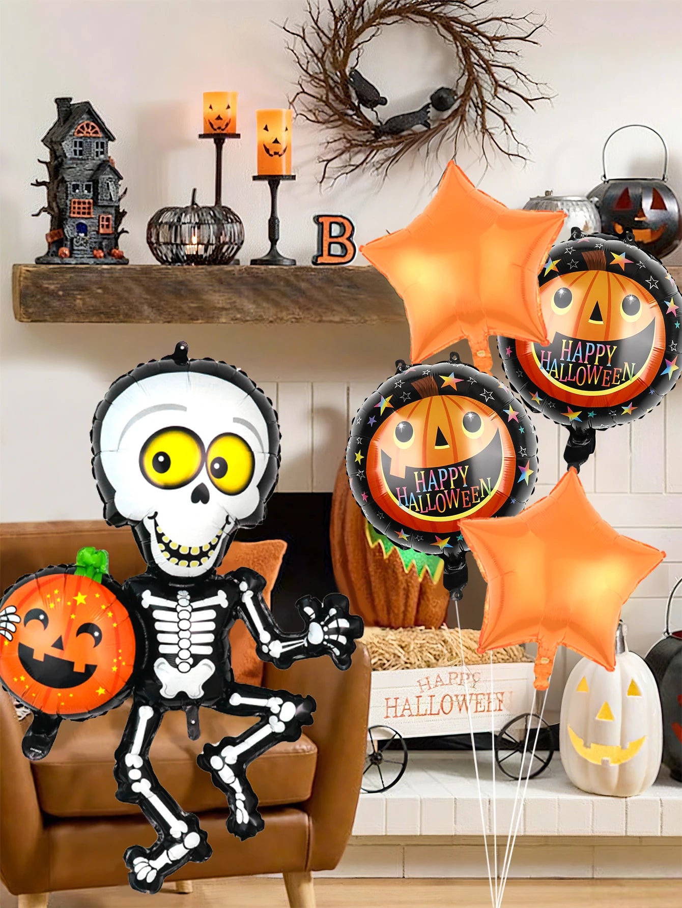 5 pcs Halloween skull balloon set, suitable for Halloween party decoration, trick or treat, horror decoration supplies