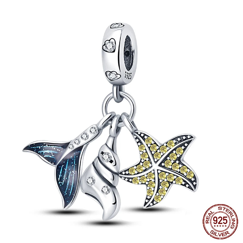 Original Ocean Series Fit 3mm Bracelet 100% Authentic 925 Sterling Silver Turtle Crab Mermaid Charm Beads DIY Jewelry Gift