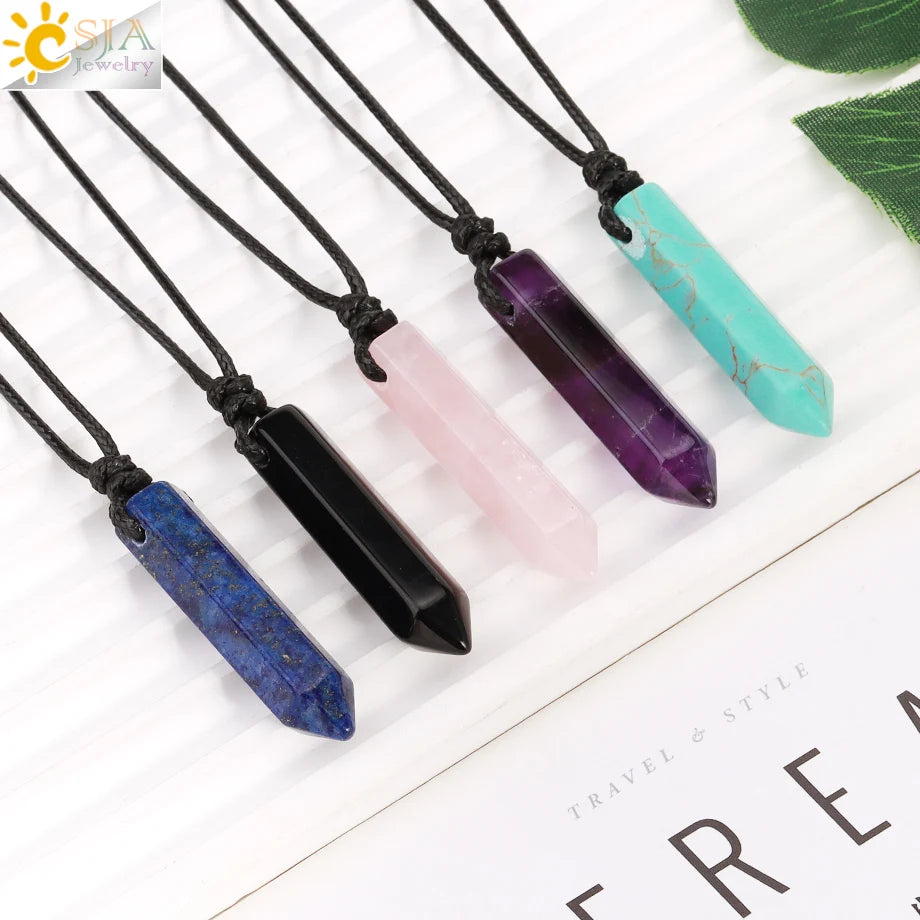 Vintage Man Necklace Natural Stone Hexagonal Point Pendant Healing Pink Quartz Obsidian Crystal Necklaces Jewelry for Men H266