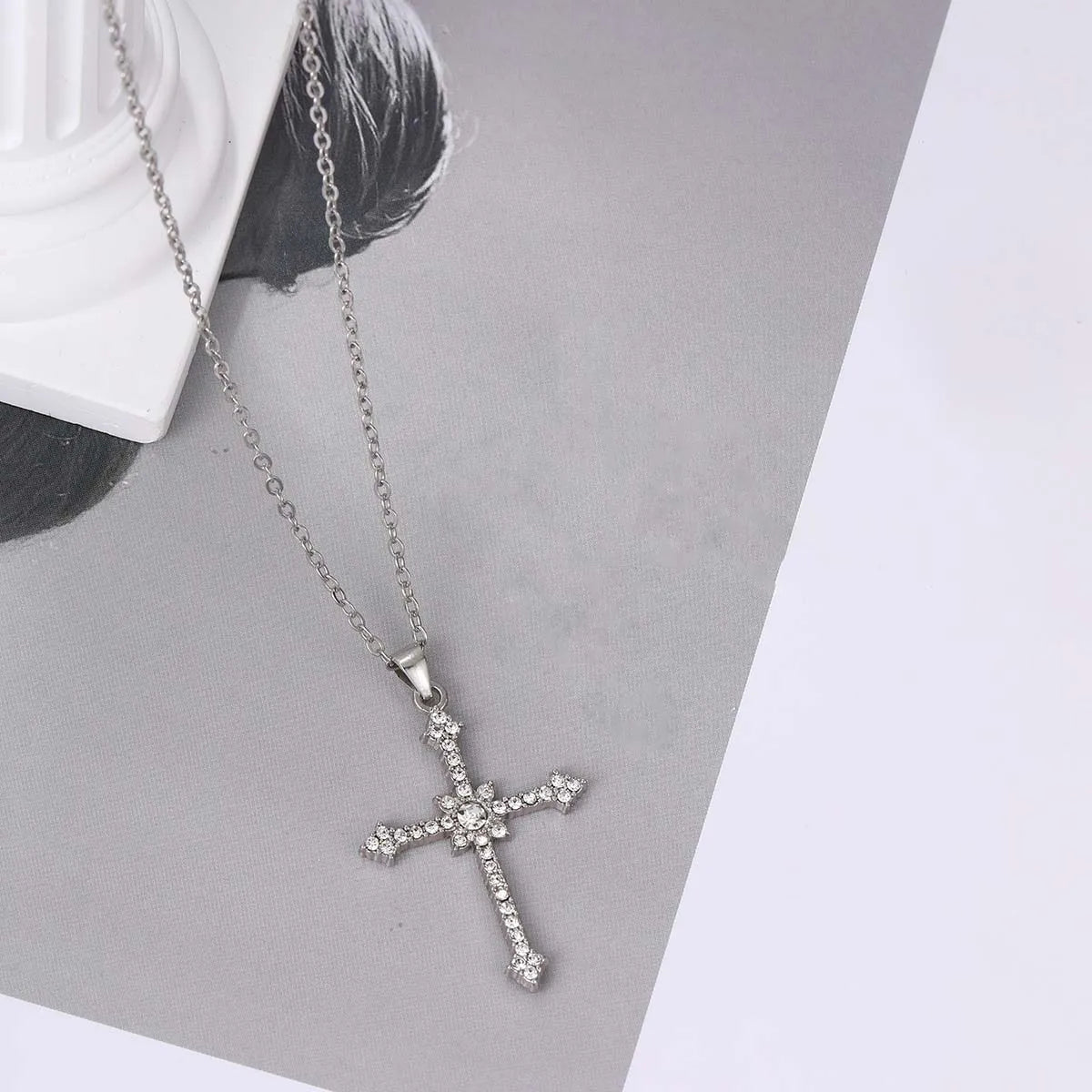 Gothic Punk Y2K Black Crystal Cross Pendant Necklace for Women Vintage Multi Layer Bead Necklace 90s EMO Charm Jewelry Gift