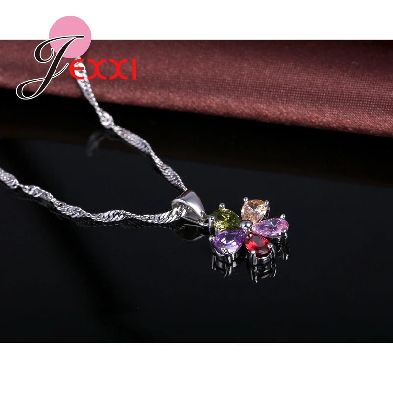 Shinning Flower Colorful CZ Crystal Pendant Jewelry Sets 925 Sterling Silver Pendant Necklace + Dangle/Hoop Earring Sets