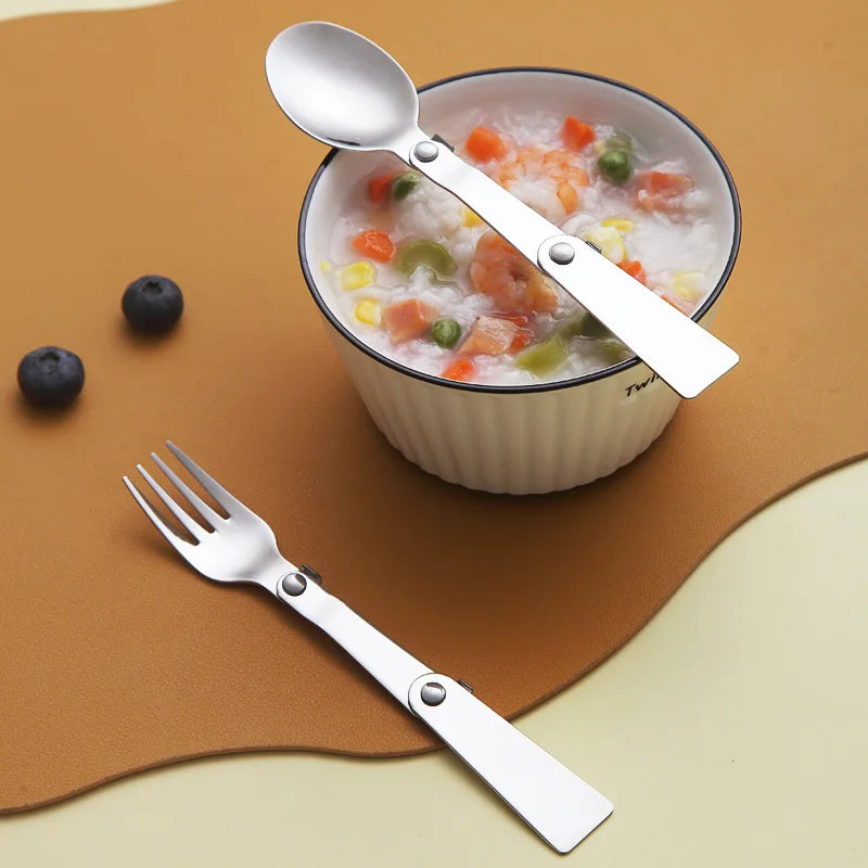 5PCS 304 Stainless Steel Folding Spoon Creative Gift Tableware Outdoor Portable Three Fold Spoon Fork Travel Folding Spoon