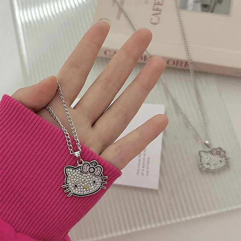 Hello Kitty Sanrio Fashion Necklace Silver Color Layer Shining Bling Women Clavicle Chain Elegant Charm Wed Pendant Jewelry Gift