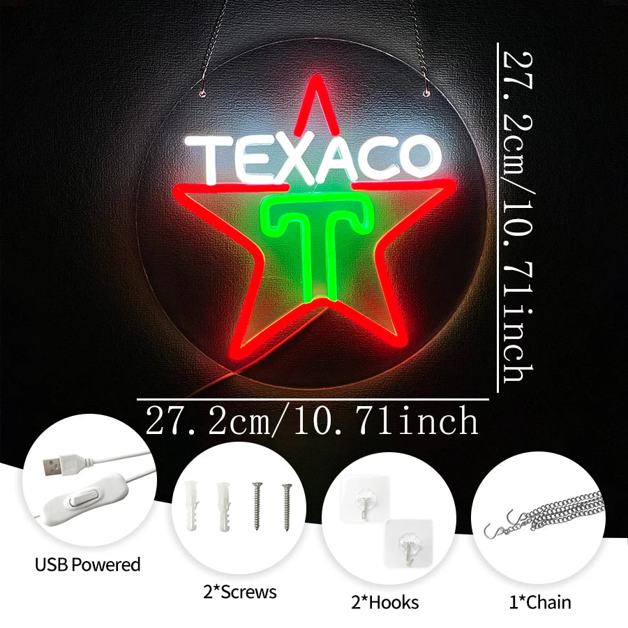Texaco Neon Sign, Texas Gasoline Engine Oil And Gas Station Sign, Used For Garage Decor, Man Cave Wall Lamp, Personalized Gift.