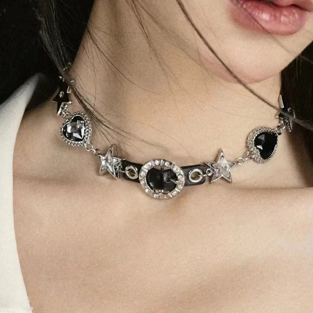 New Trendy Gothic Geometry Star Crystal Choker Pendant Chain Necklaces For Women Charm Y2K Vintage Harajuku Accessories Jewelry